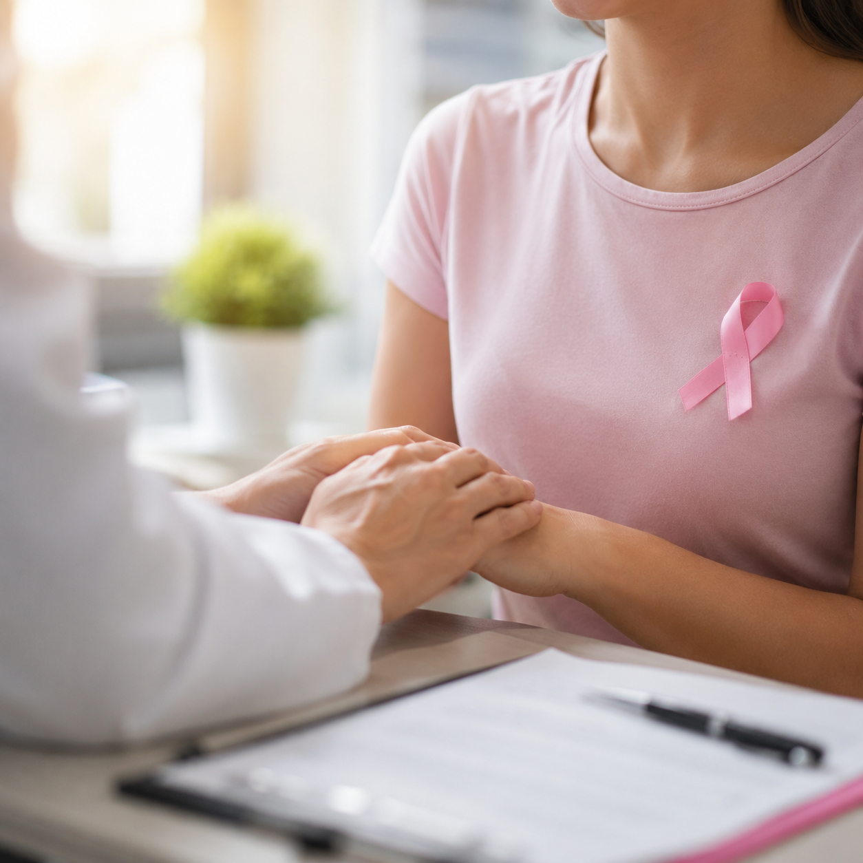 Woman in a pink shirt with a pink breast cancer ribbon sits as a clinician gently holds her hands across a table, clipboard nearby.